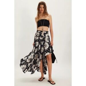 NWT!! FREE PEOPLE Poppy Printed Maxi Skirt Polka Dot Floral Black White Medium